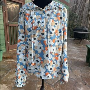 Joie Blue Floral Blouse with Orange and White Accents size small